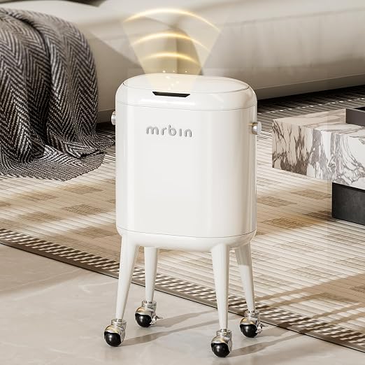 MRBIN Metal Slim Bathroom Motion Sensor Trash Can with Lid and Wheels, 13L / 3.4gal Electric Touchless Toilet Waste Basket with Legs for Narrow Vanity, Rvs, Dorm, Kitchen, Cream White