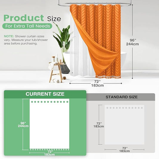 Dynamene Extra Long Shower Curtain and Liner Set - 96 inch Tall Boho Shower Curtain and Waterproof Clear Liner, Tufted Chevron Striped Tassel Shower Curtains for Bathroom, 12 Hooks, 72x96, Orange
