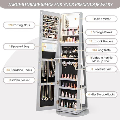 GOFLAME 360° Rotating Jewelry Cabinet with Full-Length Mirror, Freestanding Jewelry Armoire with 3-Color LED Light and Back Storage Shelf, Lockable Jewelry Organizer for Bedroom Cloakroom, Gray