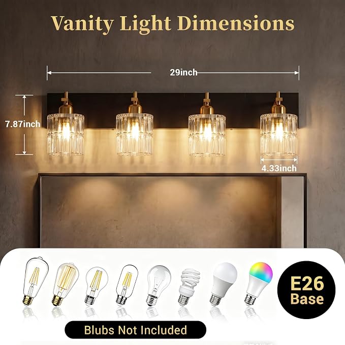 ocioc 4-Light Bathroom Lighting Fixtures Over Mirror,29 Inch | Modern Black and Gold Wall Lamp with Clear Crystal Glass Shades, Dimmable E26 Base, for Bedroom Mirror Hallway
