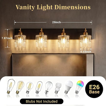 ocioc 4-Light Bathroom Lighting Fixtures Over Mirror,29 Inch | Modern Black and Gold Wall Lamp with Clear Crystal Glass Shades, Dimmable E26 Base, for Bedroom Mirror Hallway