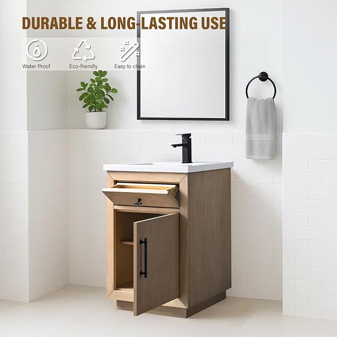 24 Inch Bathroom Vanity with Single Sink & Ceramic Top, MDF Material Vanity Cabinet with Basin Combo, Soft-Closing Doors, Removable Shelf, Backsplash