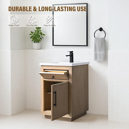 24 Inch Bathroom Vanity with Single Sink & Ceramic Top, MDF Material Vanity Cabinet with Basin Combo, Soft-Closing Doors, Removable Shelf, Backsplash