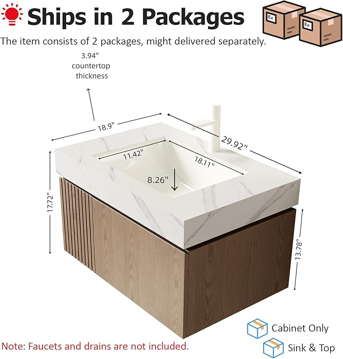 Ambrovina 30" Floating Bathroom Vanity with Sink, Plywood Storage Bathroom Vanities with Drawer and Door, Carrara White Sintered Stone Top and Ceramic Basin, Pre-Assembled Cabinet, Light Brown
