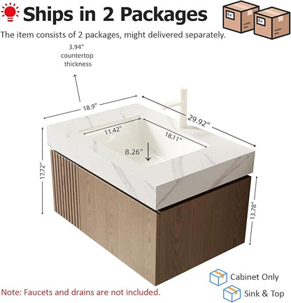 Ambrovina 30" Floating Bathroom Vanity with Sink, Plywood Storage Bathroom Vanities with Drawer and Door, Carrara White Sintered Stone Top and Ceramic Basin, Pre-Assembled Cabinet, Light Brown