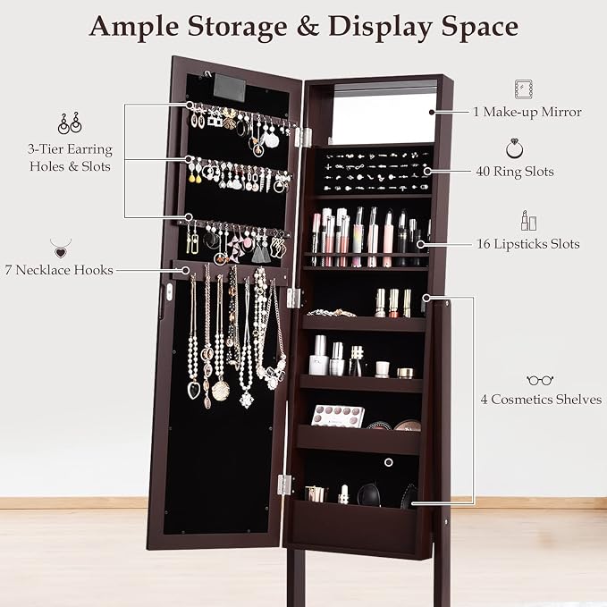 Moccha 18 LEDs Standing Jewelry Armoire, Large Lockable Jewelry Organizer, Mirrored Jewelry Cabinet with Full Length Mirror, 1 Inside Makeup Mirror, 4 Storage Shelves, 16 Lipstick Holders, Brown