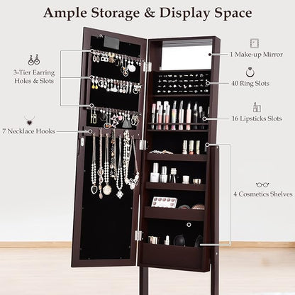 Moccha 18 LEDs Standing Jewelry Armoire, Large Lockable Jewelry Organizer, Mirrored Jewelry Cabinet with Full Length Mirror, 1 Inside Makeup Mirror, 4 Storage Shelves, 16 Lipstick Holders, Brown