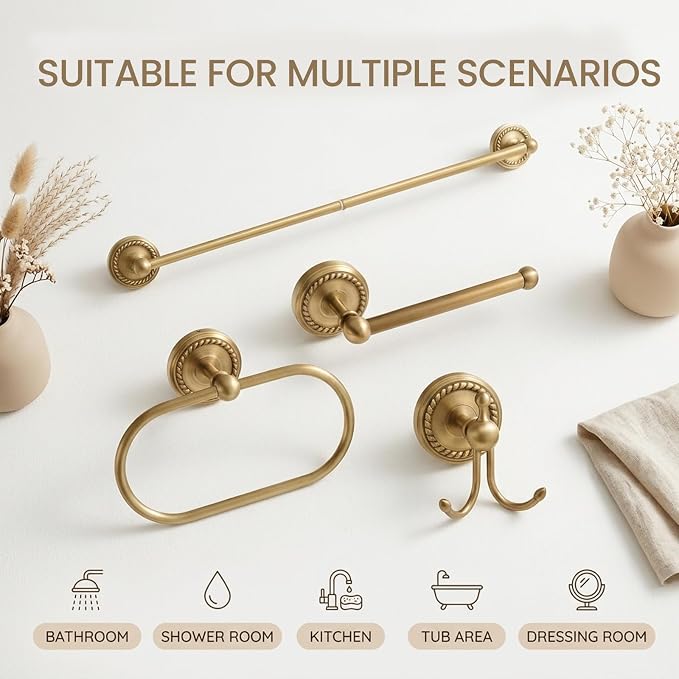 Antique Brass Bathroom Hardware Set 4 Pcs Gold Bathroom Accessories, Vintage Bath Towel Bar Toilet Paper Holder Towel Ring & Double Robe Hook Kit for Shower Room Wall Mounted