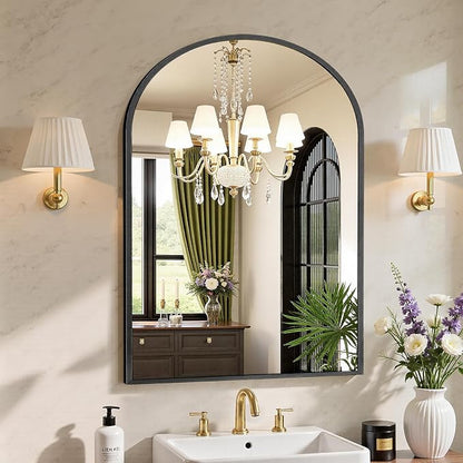Sweetcrispy 38x30 Bathroom Mirrors for Wall, Arched Mirror for Over Sink | Metal Framed HD Shatter-Proof Glass, Over Sink Entryway, Living Room Home Decor, Black