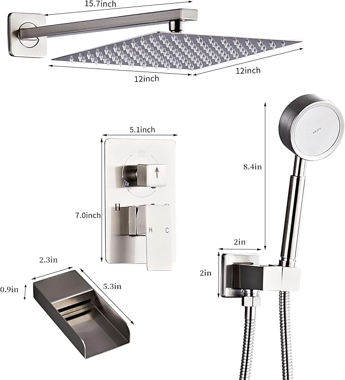 Brushed Nickel Shower Tub Faucet Set, Wall Mounted 12 Inch Shower Heads with Handheld Spray Combo and Tub Shower Faucet, Luxury Bathroom Square Rain Shower System - 4 Hooks