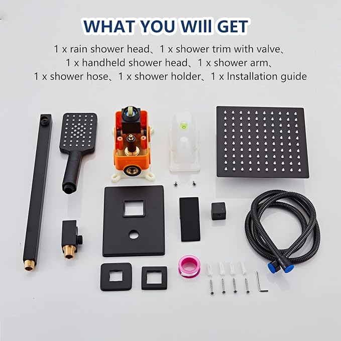 8 Inch Shower System with Tub Spout, Black Shower Faucet Set for Bathroom, Square High Pressure Shower Head, 2-Setting Handheld Faucets Sets, Wall Mounted Rainfall Shower Valve Kit