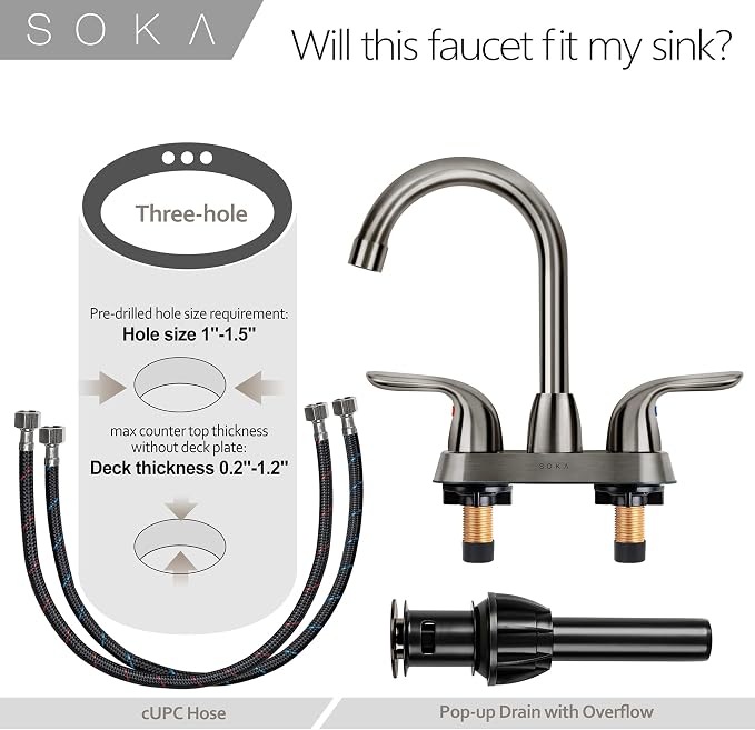 SOKA Two Handles Centerset Bathroom Faucet for Sink High Arc Stainless Steel with Deck Plate & Pop-Up Drain Assembly Fit 3 Hole Installation, Metallic Grey