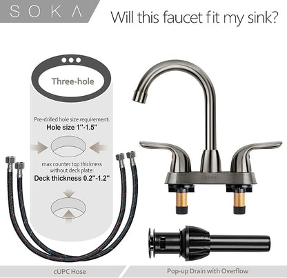 SOKA Two Handles Centerset Bathroom Faucet for Sink High Arc Stainless Steel with Deck Plate & Pop-Up Drain Assembly Fit 3 Hole Installation, Metallic Grey