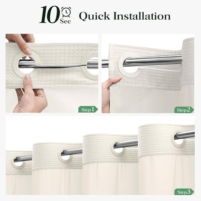 Ivory Hook Free Waffle Shower Curtain & Snap-in Fabric Liner,72x75 | Less Time to install, 3 in 1 Fabric Shower Curtain and Liner Set with Magnets, Mesh Top Window, Shower Curtains for Bathroom
