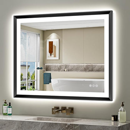 40x32 Black Framed LED Bathroom Mirror with Lights, Backlit and Front Light, Lighted Bathroom Vanity Mirror for Wall Dimmable Anti-Fog Memory Tempered Glass Horizontal/Vertical