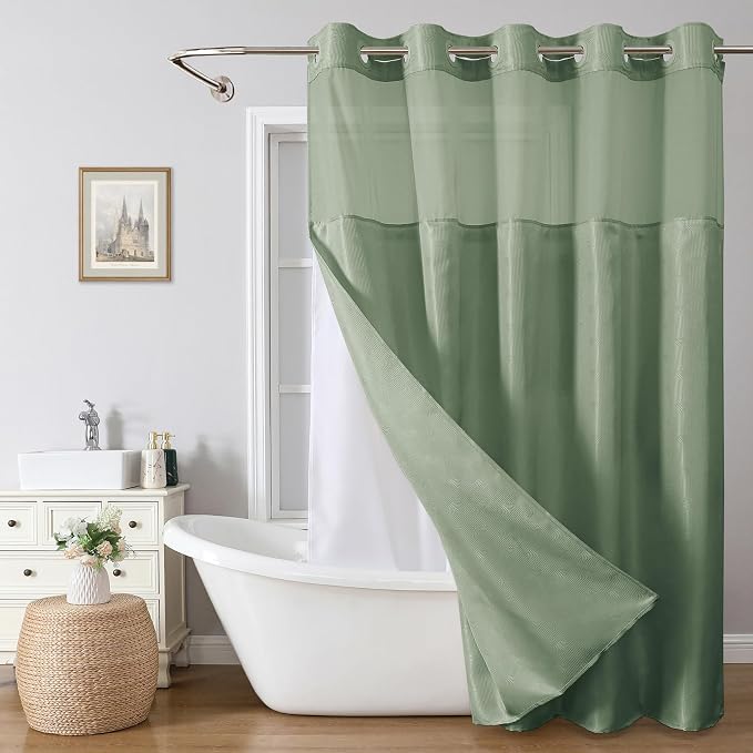 eachope No Hook Boho Arch Shower Curtain with Snap-in Liner Set,71x74,Green | 230GSM Thick Fabric,Easy to Install,Sheer Window,Magnetic Weighted Hem,Waterproof & Machine Washable,for Bathroom,Hotel