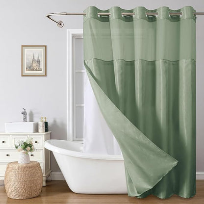 eachope No Hook Boho Arch Shower Curtain with Snap-in Liner Set,71x74,Green | 230GSM Thick Fabric,Easy to Install,Sheer Window,Magnetic Weighted Hem,Waterproof & Machine Washable,for Bathroom,Hotel