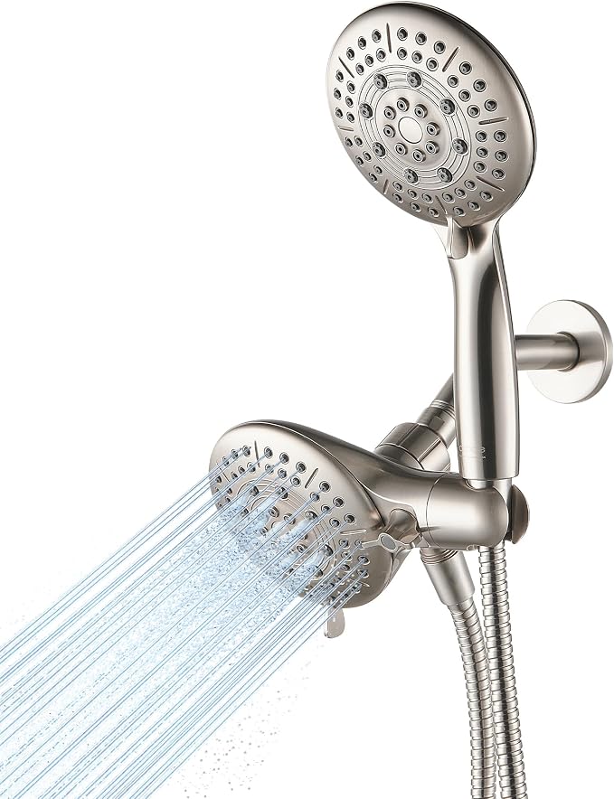 Cobbe® Dual Shower Head Combo, Handheld & Fixed, Brushed Nickel | Two Full-Size Shower Heads, 59'' Stainless Steel Hose, Water Saving with 3-Way Water Diverter, Tool-Free Installation