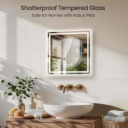 24x24 LED Bathroom Mirror with Anti-Fog, Backlit & Front Lit, Memory | Stepless Dimmable 3 Color CRI 95+ Shatterproof Tempered Glass ETL Listed for Safety Lighted Bathroom Vanity Mirror for Wall