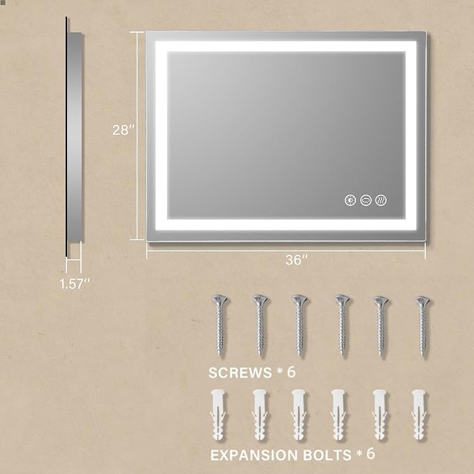 36"x 28" LED Bathroom Mirror with Light | Anti-Fog+Dimmable+Color Temperature Adjustable+Memory Function Led Wall Mirror for Bathroom, Vanity (Vertical/Horizontal)