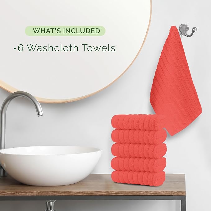 Elegant Comfort 100% Turkish Cotton Corduroy Ribbed Luxury Washcloths 6 Pack Soft 13 x 13 Inch - Higly Absorbent, Durable, Quick Dry, Spa Premium Hotel Quality for Bathroom or Travel, Coral