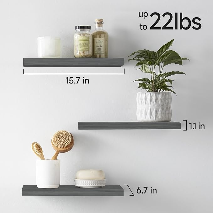 BAYKA Grey Floating Shelves 15.7in, Set of 3, Wall Mounted for Wall Decor | Easy Install, 22lbs Max Load, Hidden Bracket, Shelving for Bathroom Bedroom Kitchen Display Storage, Multi-Wall Compatible
