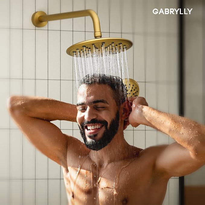 Gabrylly Shower System, 8" Wall Mounted Shower Faucet Set, Brushed Gold | Rain Shower Head with Handheld Spray Combo, All Metal Rainfall Shower Head Complete Set Shower Mixer Valve for Bathroom