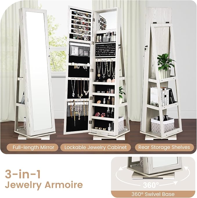 GOFLAME 360° Rotating Jewelry Armoire, Lockable Jewelry Cabinet with Full-Length Mirror & Inner Makeup Mirror, Standing Jewelry Storage Organizer with Rear Storage Shelves, White