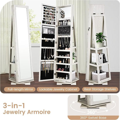 GOFLAME 360° Rotating Jewelry Armoire, Lockable Jewelry Cabinet with Full-Length Mirror & Inner Makeup Mirror, Standing Jewelry Storage Organizer with Rear Storage Shelves, White