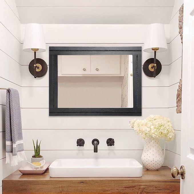 AAZZKANG Large Mirrors for Wall Black 28"x20" Rectangle Wood Framed Mirror Decorative Wall Mirror for Bedroom Living Room