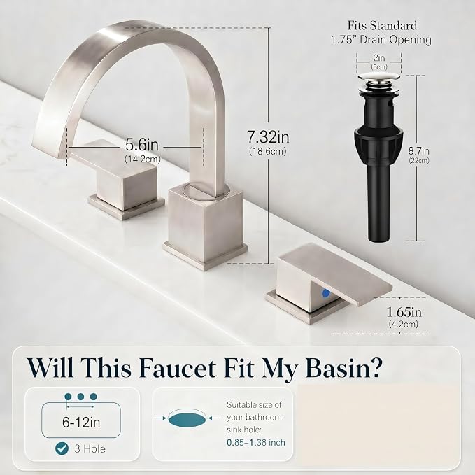 Widespread Brushed Nickel Bathroom Faucets, Waterfall Nickel Stainless Steel Bathroom Faucet for Sink 3 Hole, Vanity Lavatory Faucets with Drain & Water Hoses, 8 Inch, Lead-Free, 360° Swivel