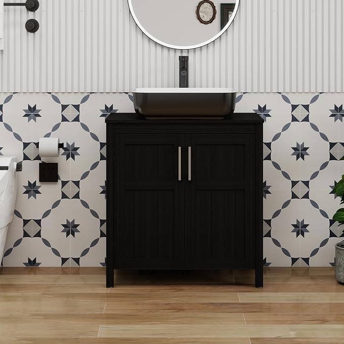 YOURLITE 30" Bathroom Vanity with Sink, Black Bathroom Vanity Cabinet, Faucet & Pop Up Drain Set,Traditional Vanity with with White & Black Ceramic Sink