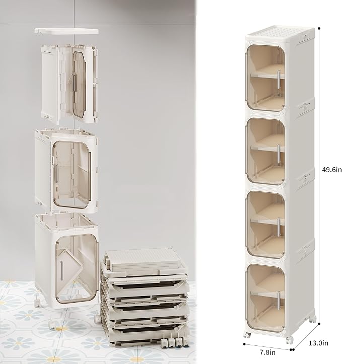 4-Tier Narrow Storage Cabinet Slim Bathroom Tall Skinny Organizer,Beige | Foldable Storage Cabinet with Lockable Rolling Wheels Magnetic Clear Door Adjustable Detachable Shelves For Narrow Space