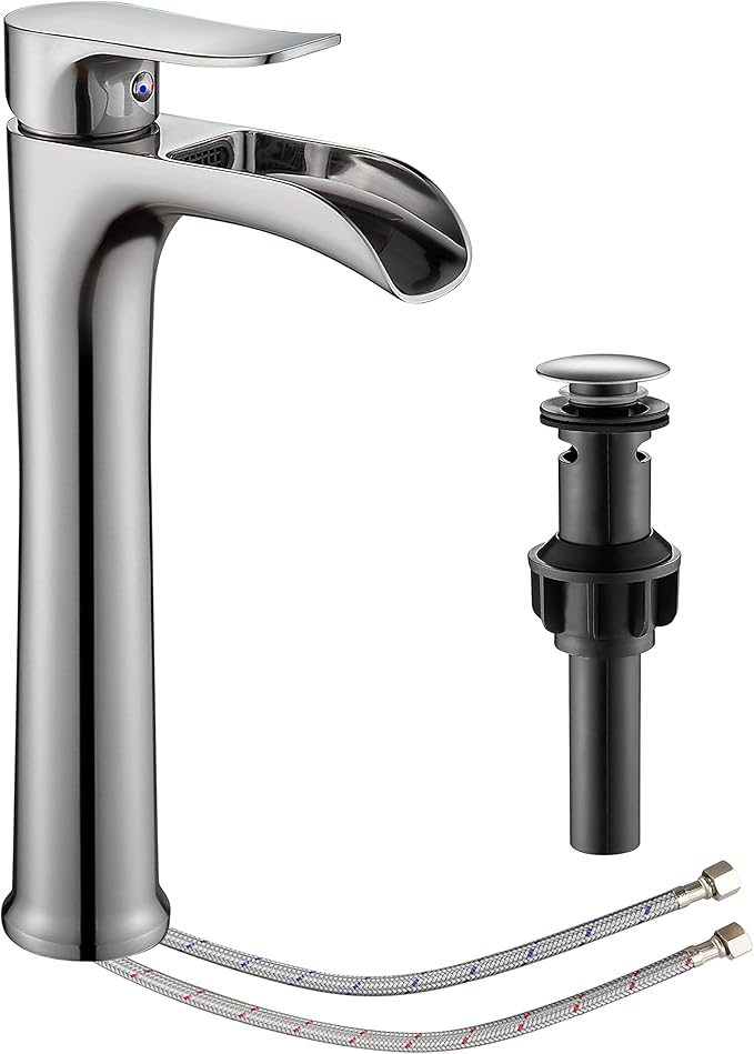 Brushed Nickel Vessel Sink Faucet,YUNDOOM Tall Waterfall Single Hole Single Handle Bowl Sink Faucet with Pop Up Drain