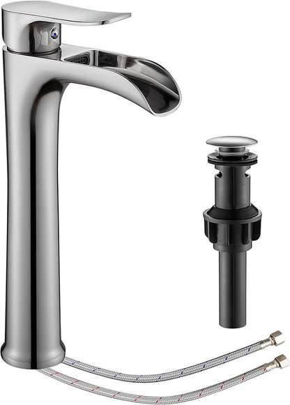 Brushed Nickel Vessel Sink Faucet,YUNDOOM Tall Waterfall Single Hole Single Handle Bowl Sink Faucet with Pop Up Drain