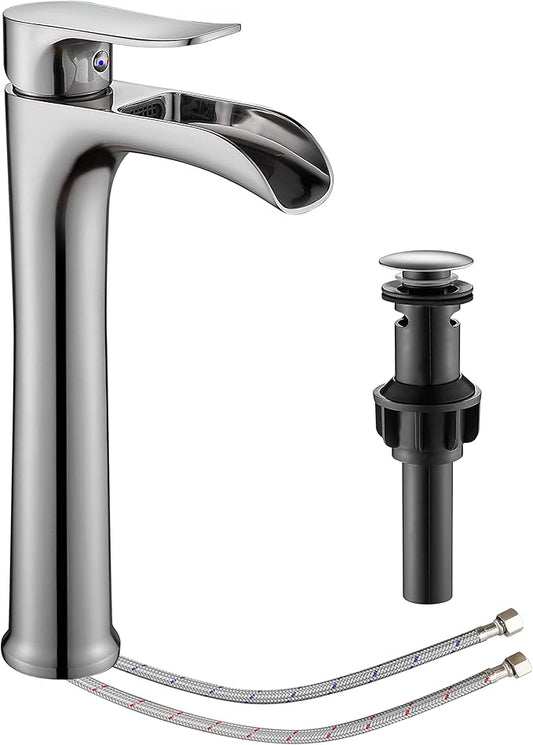 Brushed Nickel Vessel Sink Faucet,YUNDOOM Tall Waterfall Single Hole Single Handle Bowl Sink Faucet with Pop Up Drain