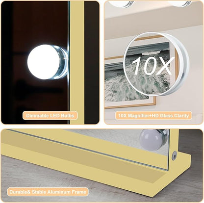 Moonee Gold Vanity Mirror with Lights, Hollywood Lighted Makeup Mirror with 18 Dimmable Bulbs and 10X Magnification, 3 Colors Modes, Aluminum Metal Frame, Light Up Mirror for Tabletop/Wall（32" x 24"）