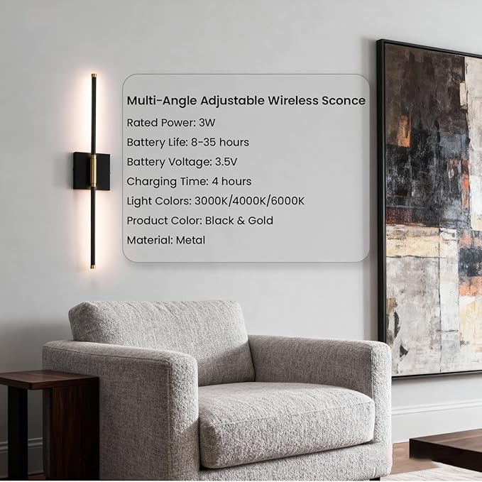 28 Inch Battery Operated Wall Sconces Set of 2, 10000mAh Rechargeable Wireless Wall Lights with Remote, 360° Magnetic Dimmable Black LED Sconce Decor for Bedroom, TV, Mirror, Living Room