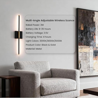28 Inch Battery Operated Wall Sconces Set of 2, 10000mAh Rechargeable Wireless Wall Lights with Remote, 360° Magnetic Dimmable Black LED Sconce Decor for Bedroom, TV, Mirror, Living Room