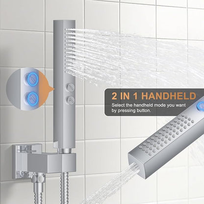Rain Shower System 12" & 6" Dual Shower Heads Ceiling Shower Faucet Set | Ideal for bathroom remodels and upgrades with 12" rain shower, 6" angled shower, handheld spray and complete valve kit.