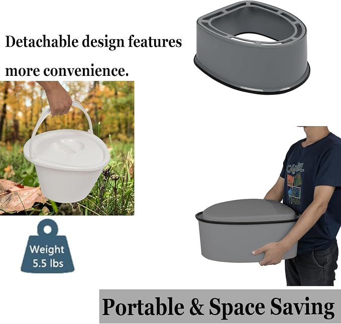 Portable Toilet with 1.3 Gal Detachable Inner Bucket and Removable Toilet Paper Holder, Indoor Outdoor Lightweight Porta Potty for Adults Kids Camping Boat RV Hiking Travel Toilet, Grey