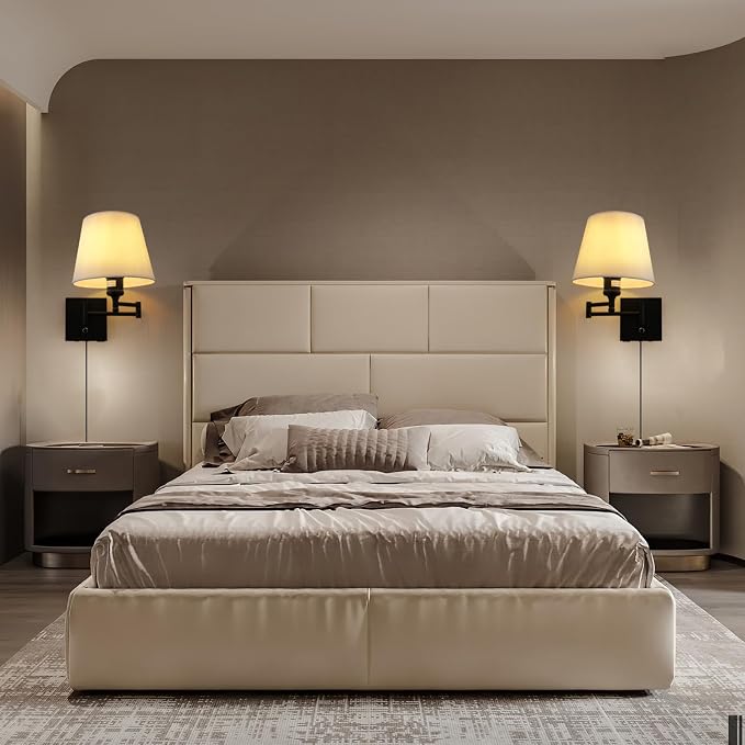 Bedside Wall Mount Light with Dimmable Switch and USB C+A Charging Port, Swing Arm Fabric Shade Wall Sconce Light with Plug in Cord, Black Wall Lamp for Bedroom, Living Room and Hotel