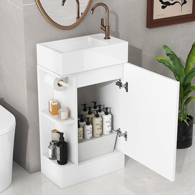 Harper & Bright Designs 18.6" Bathroom Vanity with Sink, Free Standing Single Basin Vanity Set with Storage Cabinet & Two-Tier Shelf, Wooden Cabinet with Ceramic Basin for Bathroom, White