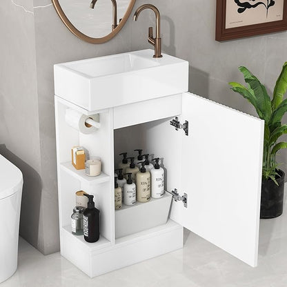 Harper & Bright Designs 18.6" Bathroom Vanity with Sink, Free Standing Single Basin Vanity Set with Storage Cabinet & Two-Tier Shelf, Wooden Cabinet with Ceramic Basin for Bathroom, White