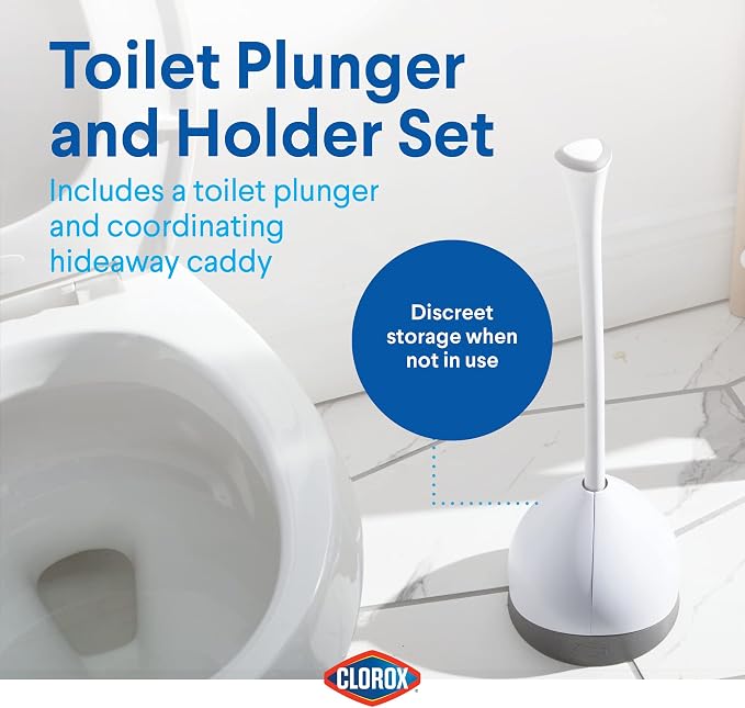 Clorox Toilet Plunger with Hideaway Caddy,– for Bathroom Organization and Storage,Bathroom Accessories,Toilet Unclogger,with Holder,White,(Pack of 12)
