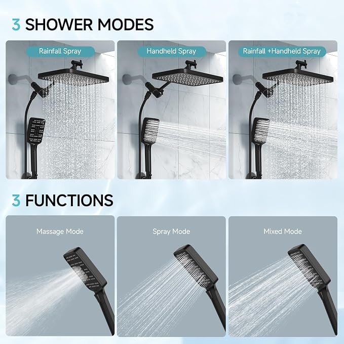 SR SUN RISE Rainfall Dual Shower Head with Adjustable Spray in Matte Black | High pressure double and tandem shower head set features a 12'' rainfall head, handheld spray, and adjustable angles.