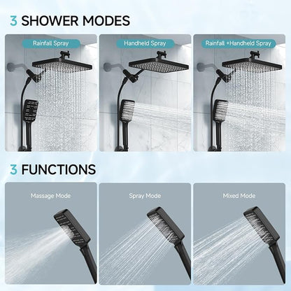 SR SUN RISE Rainfall Dual Shower Head with Adjustable Spray in Matte Black | High pressure double and tandem shower head set features a 12'' rainfall head, handheld spray, and adjustable angles.