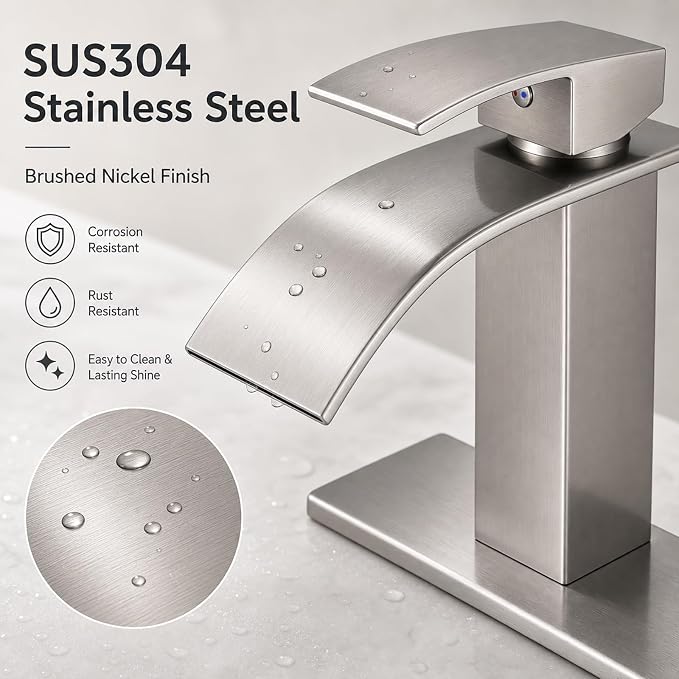 VOTON Waterfall Bathroom Faucet, Brushed Nickel 1-Hole with Deck & Drain | | SUS304 Stainless Steel | Rust-Resistant | Waterfall Flow