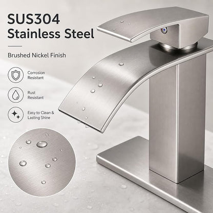 VOTON Waterfall Bathroom Faucet, Brushed Nickel 1-Hole with Deck & Drain | | SUS304 Stainless Steel | Rust-Resistant | Waterfall Flow