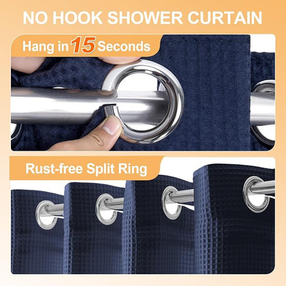 River Dream Cotton Blend No Hook Shower Curtain with Liner, Navy, 71x74 | with Snap in Liner, Heavyweight Waffle Fabric, Hotel Grade for Bathroom, Water Repellent, Corner Magnets, Machine Washable